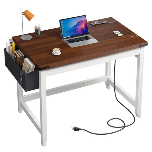 EnHomee 32 Inch Small Writing Desk with Power Outlet and Storage Bag, Student Desk for Bedroom and Dorm Room, Home School Desk for Teens, Brown & White - color: Brown & White, size: 32inch with Storage Bag
