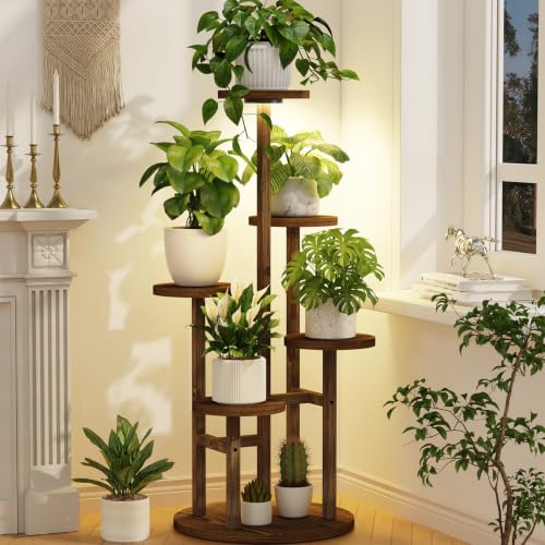 LASZOLA 5 Tiered Wood Plant Stand Indoor Corner with Grow Light, Flower Holder Rack Tall for Multiple Plants, Rustic Planter Shelf Display for Patio Garden Balcony Living Room， Brown - color: Natural Brown with Light, size: 5 Tier