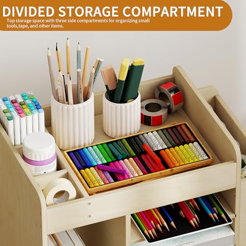 Art Cart Rolling Wood, Arts and Crafts Supply Organizer, Multi-Functional Art Organizer Cabinet, Compact DIY Utility Cart with Bookshelf, Small Art Supply Storage for Classroom Office Bedroom