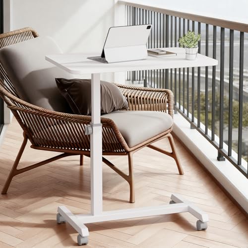 GTPLAYER Small Standing Desk, 24 Inches Mobile Rolling Laptop PC Table with Lockable Casters, Adjustable Height Overbed Bedside Table Computer Workstation for Home Office, White-Fixed - color: White-fixed