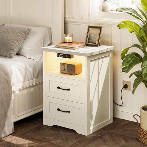 AODK Farmhouse Nightstand Set of 2, Bedside Tables with Charging Station & LED Lights, End Tables with Two Drawers and Open Storage, Rustic Bed Side Tables for Bedroom, Rustic White - color: Rustic White