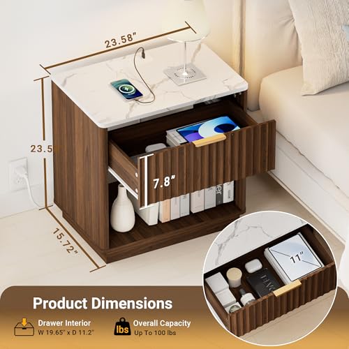 Fluted Nightstand, Night Stand Set 2, 23" Wide Walnut Nightstands Set of 2 with Charging Station & Faux Marble Top, Large Modern End Table with Drawer, Bedside Table for Bedroom Living Room - color: Walnut + Faux Marble Top, size: 1 Drawer（23"W）