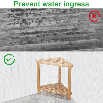 Bamboo Corner Shower Stool for Shaving Legs, Shower Bench for Inside Shower Foot Rest with 2-Tier Waterproof Storage Shelf for Inside Small Shower Spaces Bath Seat