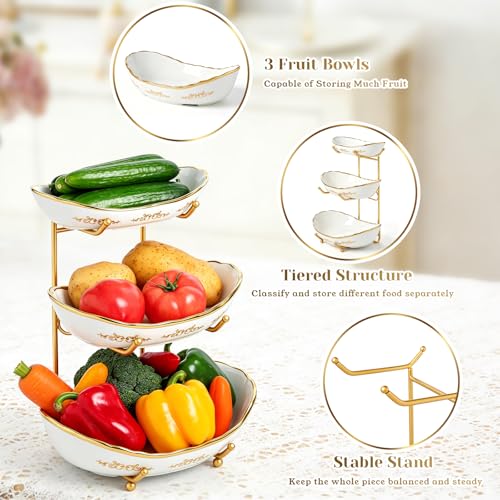 DUJUST 3 Tier Fruit Bowl, Elegant Ceramic Fruit Stand with Gold Scrollwork, Stackable & Easy to Store, Multifunctional Serving Tray for Fruit/Vegetables/Snacks - White Gold - color: 3-Tier White Gold
