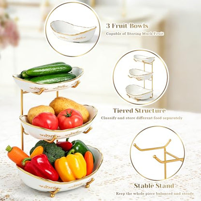 DUJUST 3 Tier Fruit Bowl, Elegant Ceramic Fruit Stand with Gold Scrollwork, Stackable & Easy to Store, Multifunctional Serving Tray for Fruit/Vegetables/Snacks - White Gold - color: 3-Tier White Gold