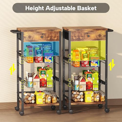 Kitchen Organizer and Storage Cart with Fabric Drawer and Convenient Handle, Snack Organizer Cart with 2 Pull-Out Baskets and 2 Storage Shelves, Rolling Kitchen Cart for Fruit Potato Onion Vegetable - style: 4 Tier with Drawer