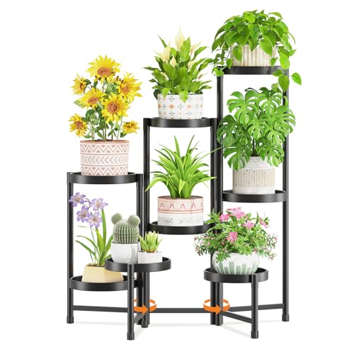 LASZOLA 8 Tiered Folding Tall Plant Stand Indoor for Multiple Large Planter, Heavy Duty Metal Adjustable Flower Rack for Narrow Corner, Sturdy Vertical Spiral Shelving Holder for Modern House, Black - size: 8 Tier, Black