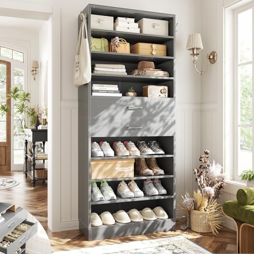 Aheaplus Tall Shoe Cabinet, 10 Tiers Wood Shoe Rack, Vertical Shoe Storage Organizer with 2 Drawers, Narrow Shoe Shelf Tower for 24-28 Pairs, Space Saving, for Closet, Entryway, Bedroom, Grey - color: Grey, size: 10 Tier (25.6"w)