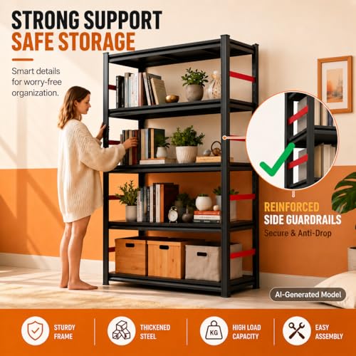 Bolt-Free Metal Bookshelf, Adjustable Tall Bookcase with Anti-Drop Fence, Heavy Duty Deep Book Shelf, Large Office Bookshelf, Modern Storage Shelves for Bedroom, LivingRoom, Garage - size: 5-Tier 36"W x16"D x71"H