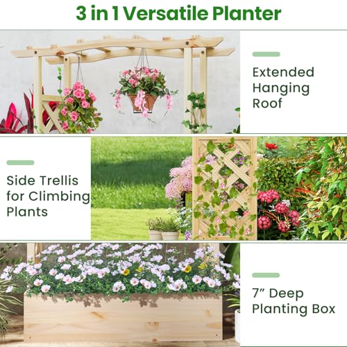 Giantex Raised Garden Bed with Trellis & Hanging Roof, Wooden Elevated Planter Box with Drainage Hole, Freestanding Gardening Planter Raised Bed for Flowers Herbs Climbing Plants Vines, 44”x14”x45” - color: Natural, size: 44”x14”x45”