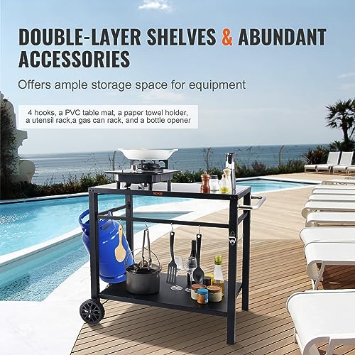 VEVOR Outdoor Grill Cart with Double-Shelf, BBQ Movable Food Prep Table with PVC Placemat, Black Iron Table Top, Portable Modular Carts for Pizza Oven, Worktable with 2 Wheels, Carry Handle - size: 21.7"D x 33.5"W x 32.9"H, style: Iron Table Top