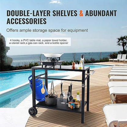 VEVOR Outdoor Grill Cart with Double-Shelf, BBQ Movable Food Prep Table with PVC Placemat, Black Iron Table Top, Portable Modular Carts for Pizza Oven, Worktable with 2 Wheels, Carry Handle - size: 21.7"D x 33.5"W x 32.9"H, style: Iron Table Top