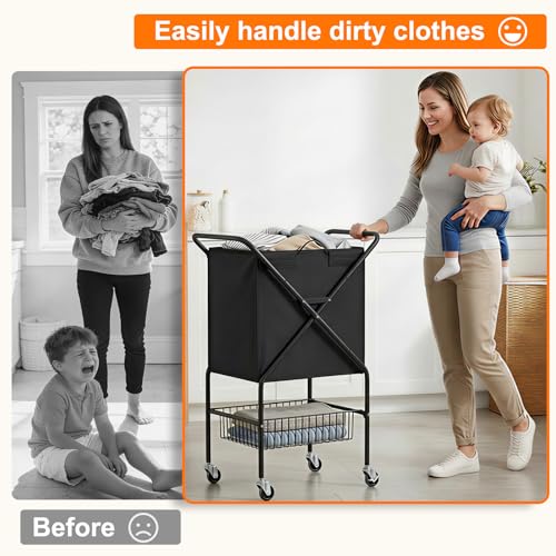 Laundry Basket with Wheels:88L Rolling Laundry Cart Foldable Metal Frame Dirty Clothes Laundry Hamper 36"H 4 Caster 2 Brake Waterproof Removable Liner Carry Handle for Dorm Laundry Room,Black - color: Black