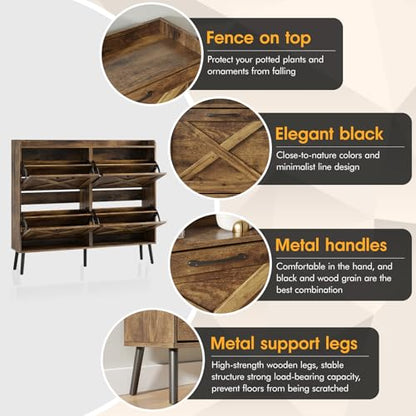 Maupvit Large Shoe Storage Cabinet with 4 Flip Drawers, Narrow Shoe Cabinet for Entryway with Wooden Legs, Freestanding Hidden Shoe Rack Organizer ＆ Metal Hinges, Rustic Brown - color: Rustic Brown, style: 4-Drawers