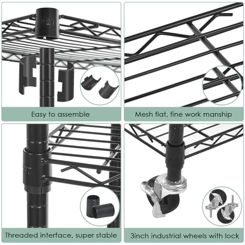 WDT 6 Tier Shelf Shelving Unit with Wheels,Adjustable Metal Shelves for Storage, NSF Black Wire Shelving Rack, 2100Lbs Capacity Heavy Duty Shelving Storage Shelves for Kitchen Garage,47" Dx17 Wx80 H - size: 6Tier 47"W x 17"D x 80"H