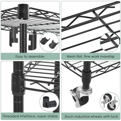WDT 6 Tier Shelf Shelving Unit with Wheels,Adjustable Metal Shelves for Storage, NSF Black Wire Shelving Rack, 2100Lbs Capacity Heavy Duty Shelving Storage Shelves for Kitchen Garage,47" Dx17 Wx80 H - size: 6Tier 47"W x 17"D x 80"H