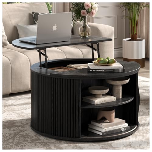 Round Lift Top Coffee Table, 31.5” Mid Century Modern Center Table with Hidden Storage, Fluted Circle Coffee Tables for Living Room, Home Office, Black - color: Black, size: Round(lift top)