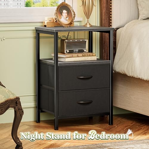 Huuger Night Stand with 2 Drawers, Bed Side Table with Open Shelf, Wooden Top, Nightstand for Bedroom, End Table for Small Space, Fabric Drawer, Grey - color: Gray and Black