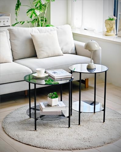 Tempered Glass End Table: 2-Tier Round Nightstand 22 inch High Grey | Circle Side Table 4 Legs Home Decor for Living Room Bedroom - size: Height - 22 inch
