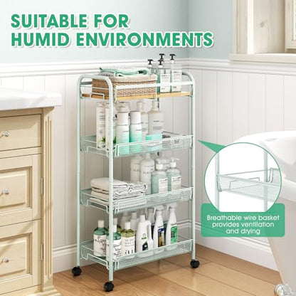 TOOLF 4-Tier Rolling Cart, Metal Utility Cart, Slide Out Storage Cart with Wooden Tabletop and Mesh Baskets for Narrow Space on Kitchen Bathroom Laundry Room Bedroom Apartments Dormitory (Green, Wide) - size: Wide, style: Green