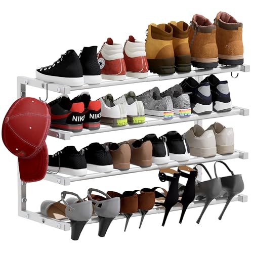 Wall Mounted Shoe Rack, 4 Tier Hanging Shoe Rack Holds 16 Pairs, 17"-30" Adjustable Heavy Duty Wall Shoe Shelf with 2 Storage Hooks, Space Saving for Closet Entryway, White - color: White, size: 1 Pack