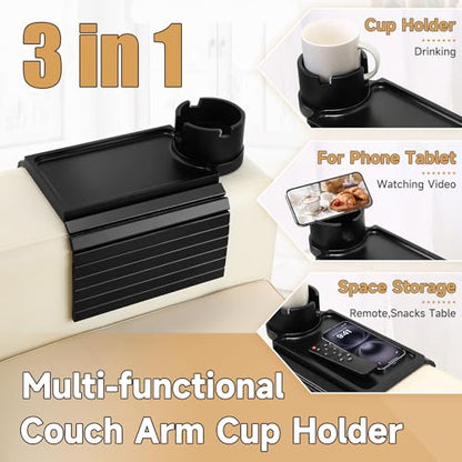 Couch Cup Holder Tray,Foldable Sofa Arm Clip on Tray Table with 360° Rotation Cup Holder,Bamboo Anti-Slip Couch Armrest Table for Coffee Cup,Water Bottles,Mug,Snacks,Remote on Large Armrest - color: Black