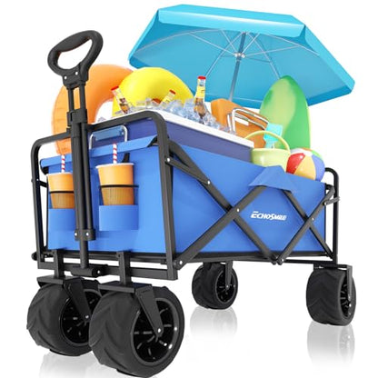 EchoSmile Heavy Duty 350 Lbs Capacity Collapsible Wagon, Outdoor Folding Camping Grocery Portable Utility Cart, Adjustable Rolling Carts, All Terrain Sports Wagon with Big Wheels (Blue) - color: Blue