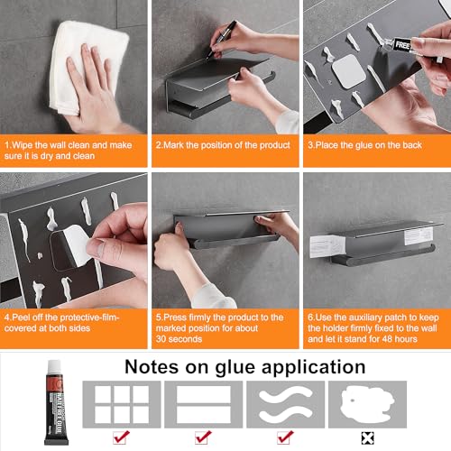 DUFU Paper Towel Holder with Shelf for Kitchen, Grey | Paper Towel Holder Wall Mount for Bathroom, Self-Adhesive Anti-Rust Aluminum, No Drill or Wall-Mounted with Screws - color: Gray