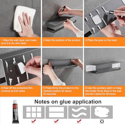 DUFU Paper Towel Holder with Shelf for Kitchen, Grey | Paper Towel Holder Wall Mount for Bathroom, Self-Adhesive Anti-Rust Aluminum, No Drill or Wall-Mounted with Screws - color: Gray
