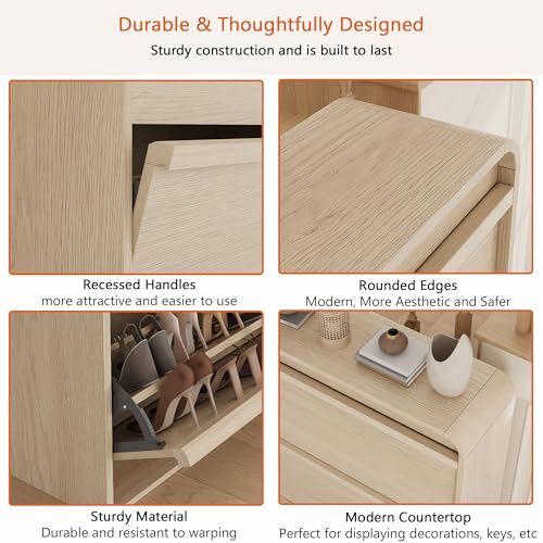 Garvee Shoe Cabinet with 3 Flip Drawers, Modern Narrow Shoe Storage Cabinet Organizer with Adjustable Shelf, 46" Tall Hidden Freestanding Shoe Rack Cabinet for Entryway, Hallway, Natural Oak - color: Natural Oak