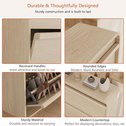 Garvee Shoe Cabinet with 3 Flip Drawers, Modern Narrow Shoe Storage Cabinet Organizer with Adjustable Shelf, 46" Tall Hidden Freestanding Shoe Rack Cabinet for Entryway, Hallway, Natural Oak - color: Natural Oak
