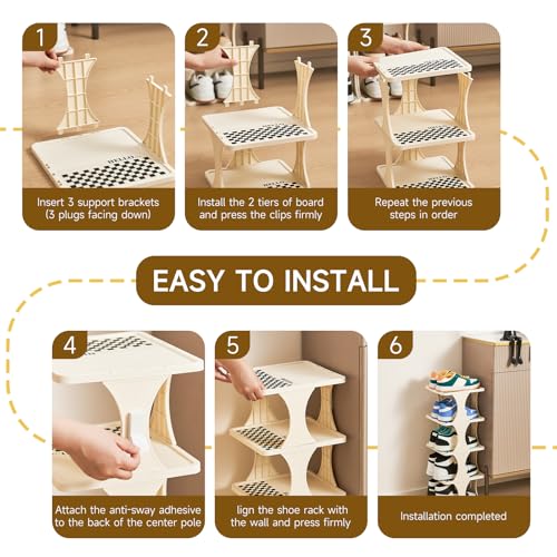UFORU Vertical Shoe Rack 6 Tier, Narrow Free Standing Shoe Organizer for Closet, Entryway & Bedroom, Tall Plastic Narrow Shoe Rack for Small Spaces, Stackable Shoe Organizer& Easy to Assemble
