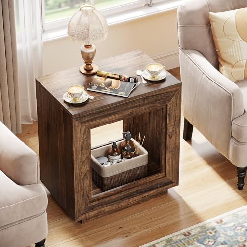 Tribesigns Rustic Wood End Table, 2 Tiered Square Side Table with Storage Shelf, Industrial Sofa Side Table for Living Room, Entrance (Rustic Brown) (1) - color: Brown