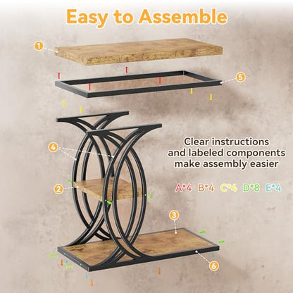 C Shaped End Table, Bed Side Table, 3-Tier Side Table with Metal Frame, Wood End Table with Storage for Living Room, Couch, Sofa, Bedroom, Easy Assembly, 23.6" D*11.8" W*23.6" H, Rustic Brown