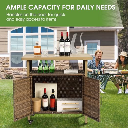 HOMEFUN Outdoor Bar Table with Storage Cabinet Patio Serving Carts on Wheels Wicker Grill Cart Prep Station Rolling Kitchen Island for Outside Backyard and Patio, Brown - color: 03-beige