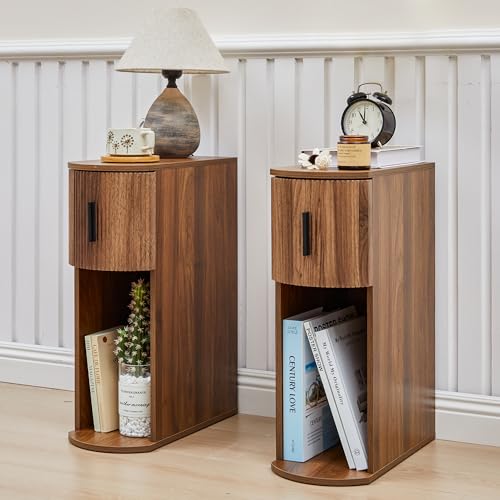 Narrow Nightstand Set of 2, Fluted Small Night Stand, Slim Curved Storage End Table with Drawer, Mid Century Modern Wooden Bedside Cabinet for Bedroom,Small Spaces, Walnut - color: Walnut Set 2