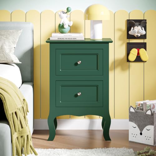 Bonnlo Green Nightstand with Drawers for Bedroom, Green Night Stand Bedside Table for Small Spaces, Kids Room, Living Room, Dorm, French, 15.75" W x 11.8" D x 23.6" H - color: Green