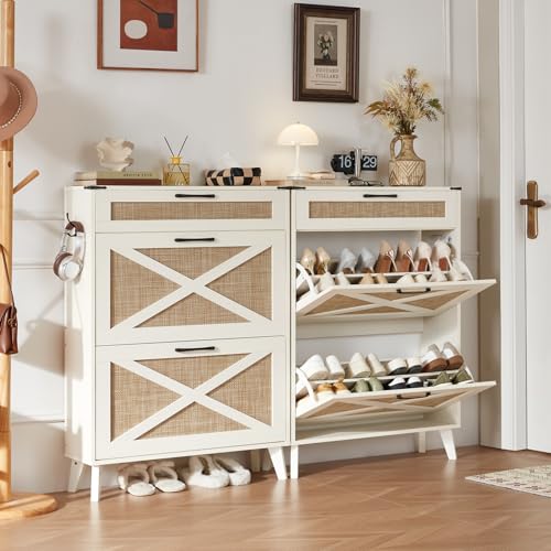 LEYAOYAO Shoe Cabinet Storage for Entryway with 2 Flip Drawers | Rack Narrow Organizer Slim Hidden Wood Shoe Cabinet Furniture - color: Off White