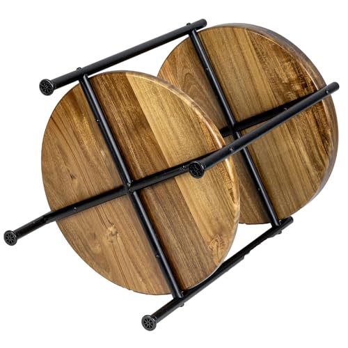 MyGift 2 Tier Round End Table with Premium Acacia Solid Wood Shelf and Black Metal Frame, 22 Inch Tall Side Table Modern Home Living Room or Bedroom Furniture