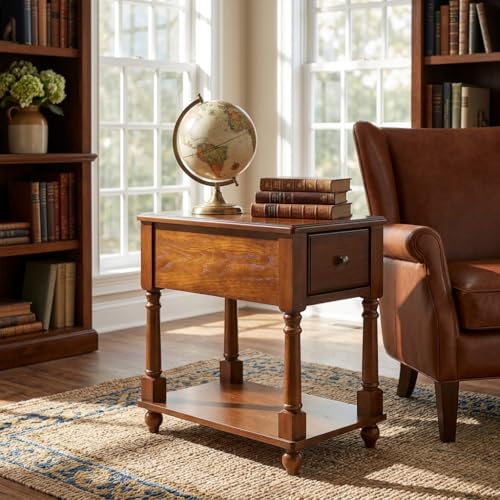 Narrow End Table with Drawer and Storage Shelf, Solid Wood Sofa Side Tables, Slim Beside Table-, Telephone for Small Spaces, Living Room, 22"L x 13"W x 22.7"H No-tools Assembly Caramel Brown BBJ004DR - color: Caramel Brown