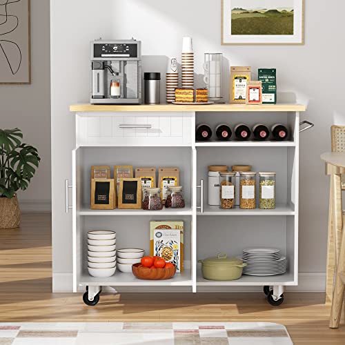 SUNLEI Kitchen Island with Storage Cabinet, 42" Kitchen Cart on Wheels with Shelves, Cart Handle for Towel Rack or Free Mobility, Portable Islands for Kitchen(Stylish White, 42-INCH) - size: 42 INCH, style: White
