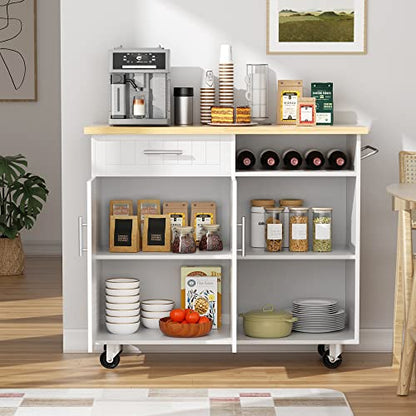 SUNLEI Kitchen Island with Storage Cabinet, 42" Kitchen Cart on Wheels with Shelves, Cart Handle for Towel Rack or Free Mobility, Portable Islands for Kitchen(Stylish White, 42-INCH) - size: 42 INCH, style: White