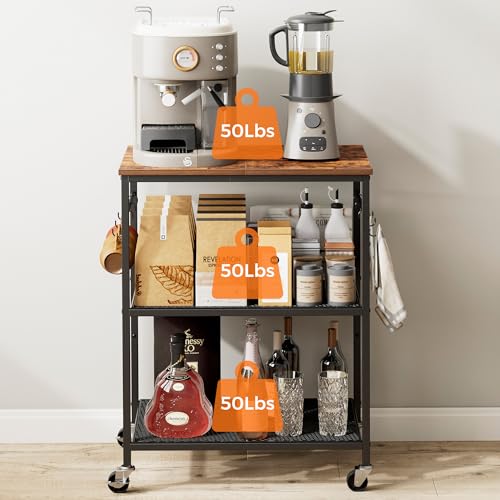 Homleke 3-Tier Rolling Kitchen Microwave Cart, Kitchen Utility Cart on Lockable Wheels, Coffee Bar Table Station with 6 S-Shaped Hooks, Small Appliance Storage Shelf, Rustic Brown and Black - color: Rustic Brown and Black, size: 3-Tier