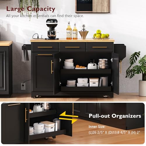 60" Kitchen Island with Trash Can Storage Cabinet and Power Outlet | Rolling Kitchen Cart on Wheels with Rubber Wood Drop Leaf Top, Spice Rack, Towel Rack and Adjustable Shelf, Black - color: Black