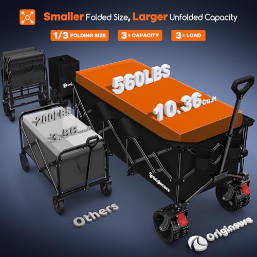Originsure 300L Collapsible Beach Wagon Cart with Big Wheels, 560lbs, Black | 48" Foldable Utility Wagon,7" All-Terrain Wheels,Heavy Duty Frame,Compact&Space-Saving,for Camping,Sports,Grocery,Garden - color: A-black