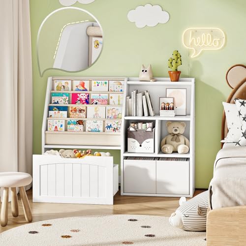 CHOEZON Kids Bookshelf, Children's Bookcase with 4 Sling Book Shelves, Toy Storage Cubby, Fabric Storage Baskets, Wooden Book Shelf for Kids' Room, Playroom, Nursery, Living Rooms, White MCW17WB - color: White
