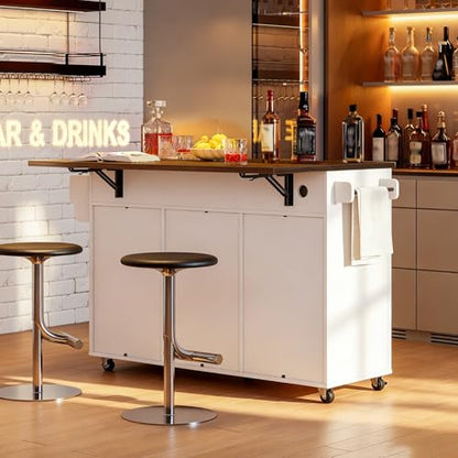 Kitchen Island with Storage, 55" Kitchen Cart with Charging Station, Rolling Kitchen Island Table with Drop-Leaf, 3 Drawers, Barn Doors, Towel Rack and Spice Rack, White and Walnut - color: White + Walnut