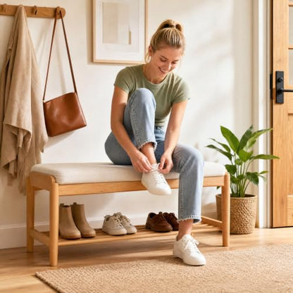 Solid Wood Shoe Bench, 40 Inch Entryway Bench with Light Gray Cushion | Wide natural oak bench with visible wood grain and soft cushion provides spacious seating with timeless modern style. - color: Natural + Light Gray Cushion, size: 39.37"