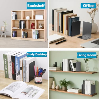 6 Black Heavy Duty Metal Bookends,Invisible Decorative Unique Book Ends,Book Stopper Dividers for Shelves,DeskFile Cabinet, Library,Office,Book Holder for Heavy Books,Bookshelf Organizer,Porta Libros