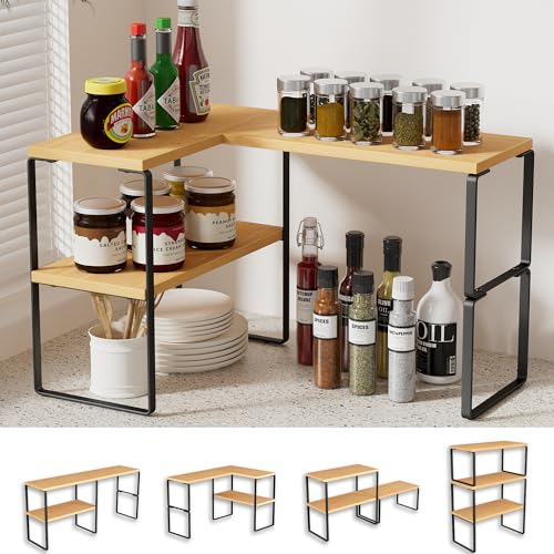 Kitchen Counter Organizer, Countertop Shelf, Adjustable, Stackable | Kitchen Countertop Organizer, Spice Rack, 2-Tier Countertop Shelves, Corner Desk Shelf, Corner Counter Shelf, Bamboo - color: Bamboo Tan, size: Medium Standard